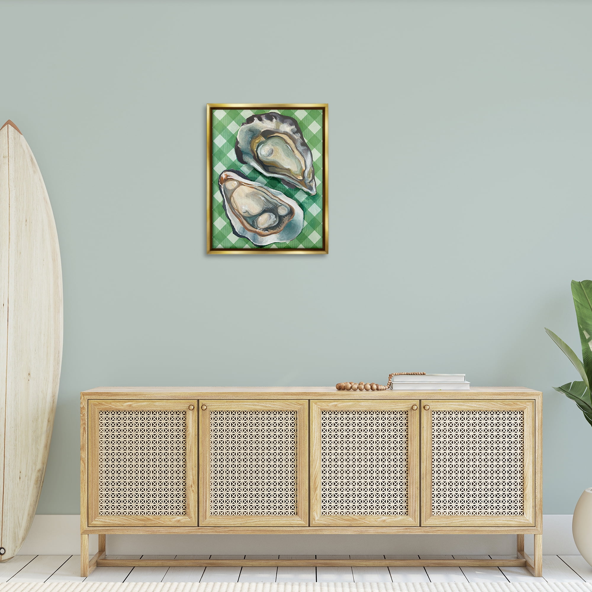 Stupell Industries Oysters on Green Plaid Animals Painting Gold Floater Framed Canvas Art Print Wall Art, 25 x 31