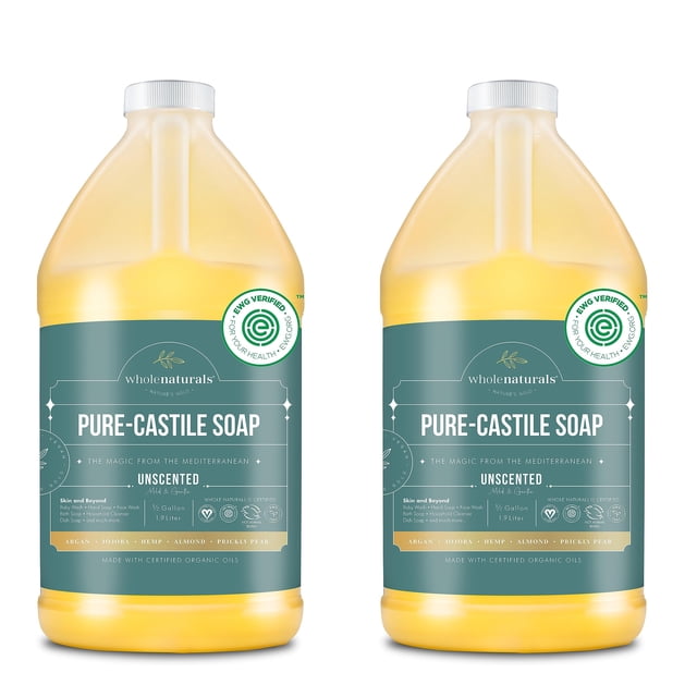 Jabón de Castilla WHOLENATURALS, líquido puro, sin perfume, 1 galón (2 x 2 litros)