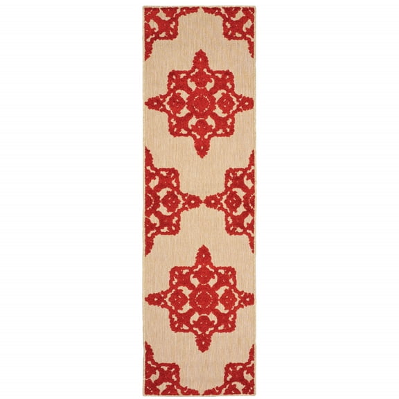 2' X 8' Sand Oriental Stain Resistant Indoor Outdoor Area Rug