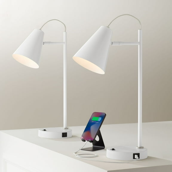 360 Lighting Chase 23" High Small Modern Desk Lamps Set of 2 USB Port White Metal Home Office Living Room Charging Bedroom Bedside