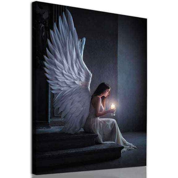 Aaheei White Angel Painting Angel Wings Poster Modern Black and White Pictures Praying Woman Wall Art Dark Blue Artwork Abstract Angel Painting Wings Canvas Wall Art Aesthetic Woman Poster