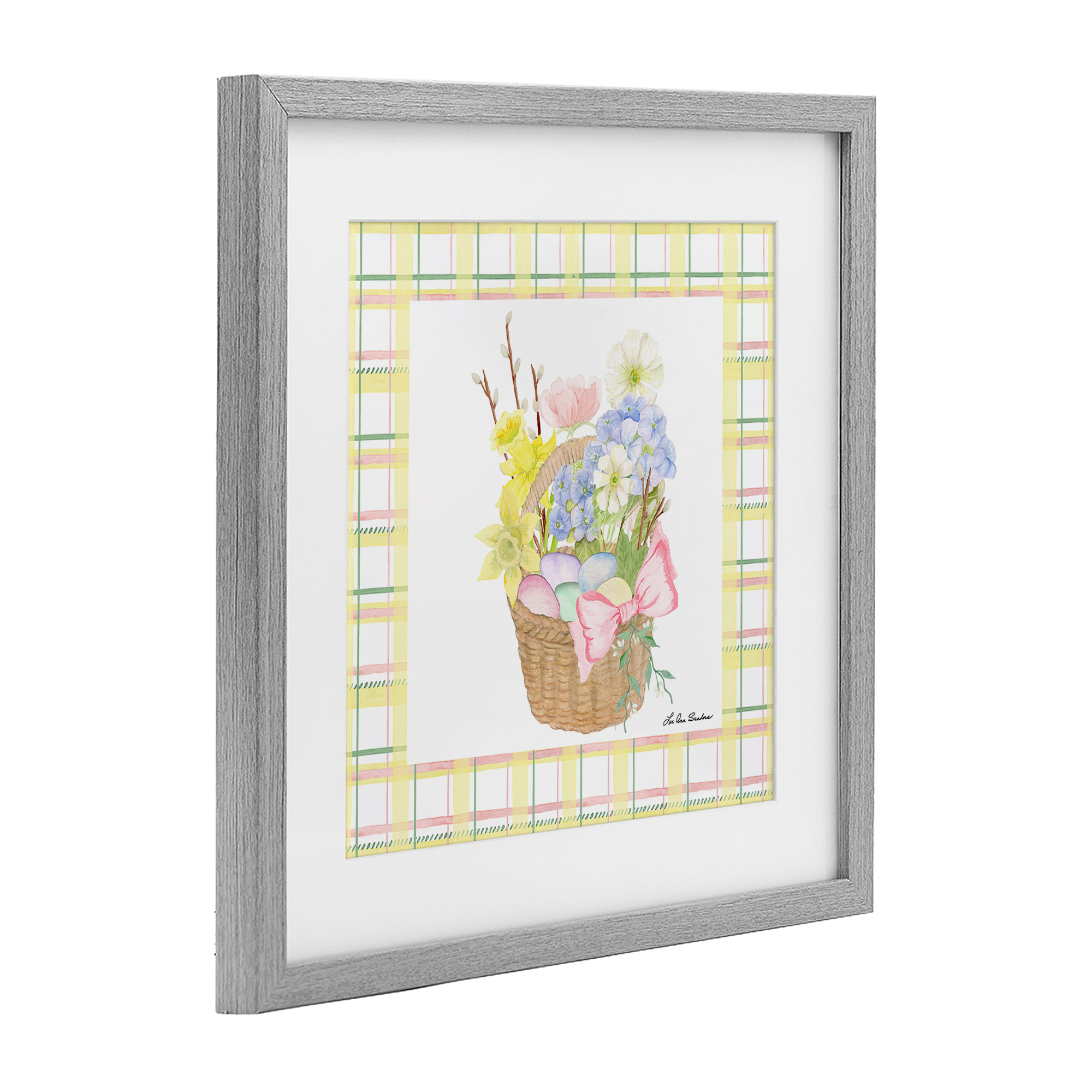 Spring Basket on Plaid Gray Framed Print Under Glass, design by Lee Ann Sanders