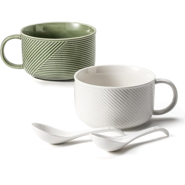 Adewnest Microwave Soup Bowls with Handles: 38 Ounce Extra Large Ceramic Soup Mug with Handle & Spoon - Oversized Ramen Bowl Set of 2, 6 Inch, Green & White