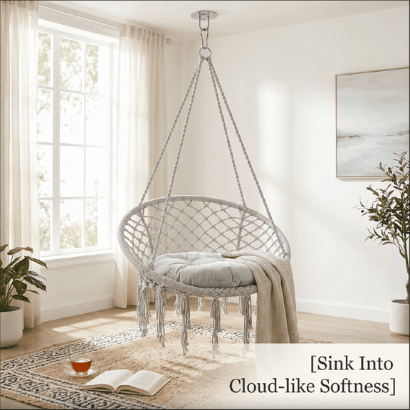 Macrame Hammock Chair, Indoor Swing Chair with Cushion, Gray Boho Hanging Chair for Bedroom Living Room, 330 Lbs