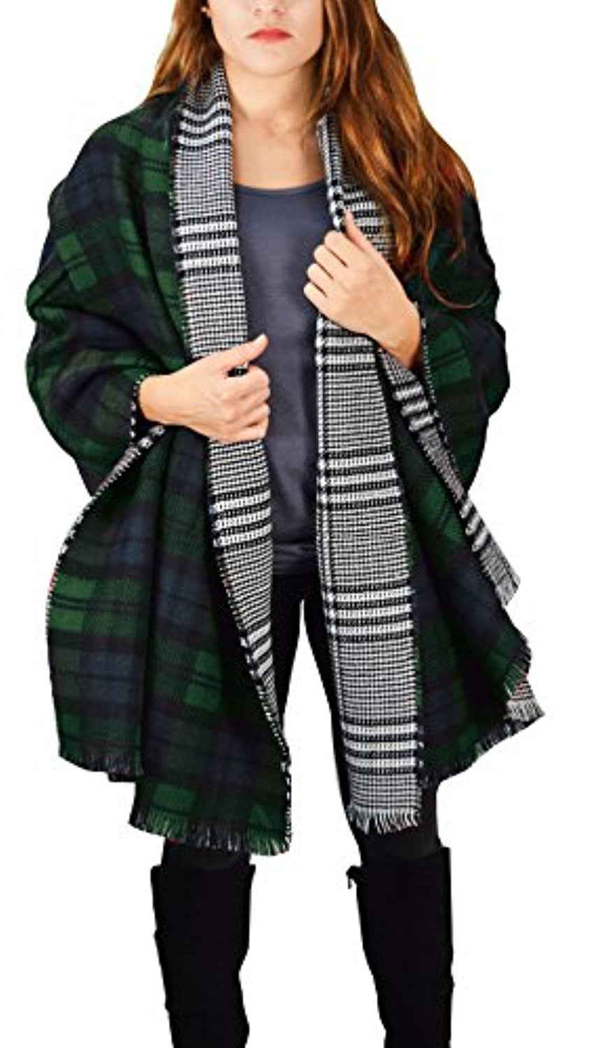 Ladies Women Scarf Winter Reversible Checked Blanket Pattern Tassel Fringe Shawl 