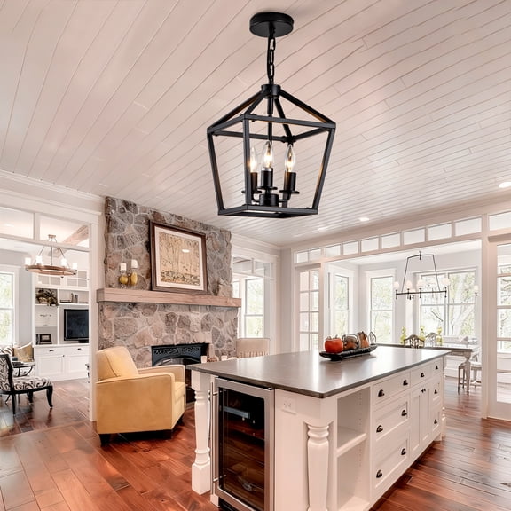 Newest 12” Farmhouse 3-Light Lantern Chandelier, Black Industrial Open Cage for Kitchen Island & Dining Room