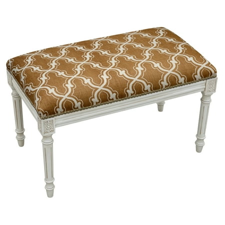 - 123 Creations Antique White Wood and Linen Nailhead Trellis Bench