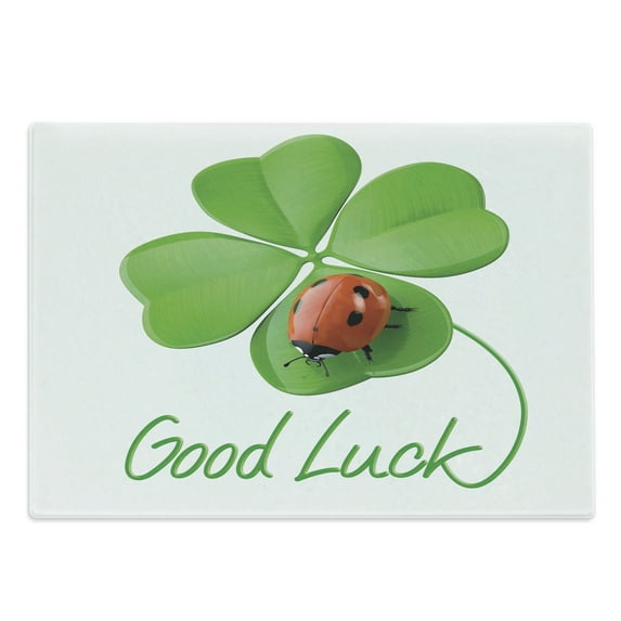 Going Away Party Cutting Board, Lettering Lucky 4 Leaf Clover with Ladybug Irish Symbol Artwork, Decorative Tempered Glass Cutting and Serving Board, Large Size, Black Green and Red, by Ambesonne