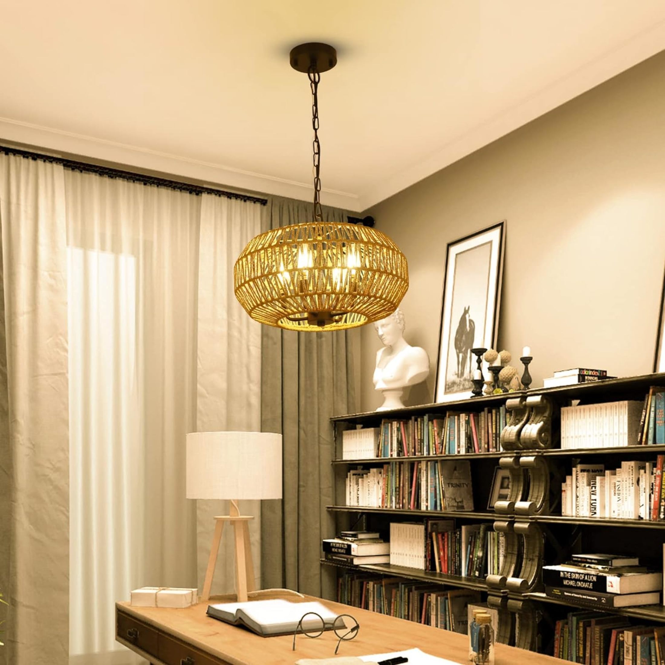Noble House 15.7" Farmhouse Rattan Pendant Light, 4-Light Wicker Basket Chandelier for Dining Room & Foyer, Natural