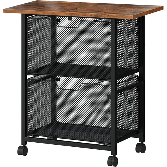 Rolling File Cart, 2 Drawer File Cabinet with 24'' Extended Desktop, Under Desk Mobile Small Filing Cabinet Storage Cart, Printer Stand Utility Cart, for Home Office, Rustic Brown BF41WJ01