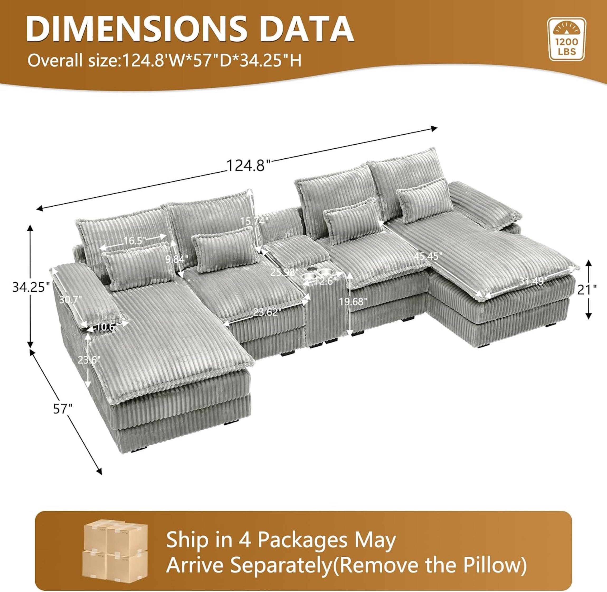 Aisword 124" U Shaped Cloud Couch Sectional with USB Charging, Hidden Storage, Cup Holders & Chenille Double Chaise, Light Grey