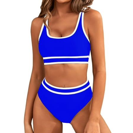 BUIgtTklOP Women s High Waisted Bikini Sets Sporty Two Piece Swimsuits Color Block Cheeky High Cut Bathing Suits