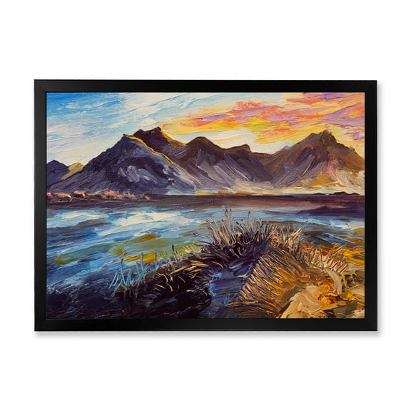 Designart 'Impression Pink Sunset Over The Mountains By The Sea' Nautical & Coastal Framed Art Print