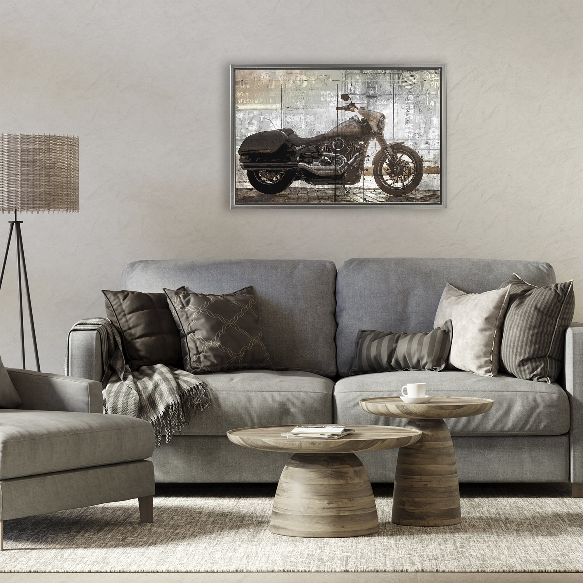 Stupell Industries Sunset Ride Motorcycle Gray Framed Floater Canvas Wall Art, design by Kim Allen