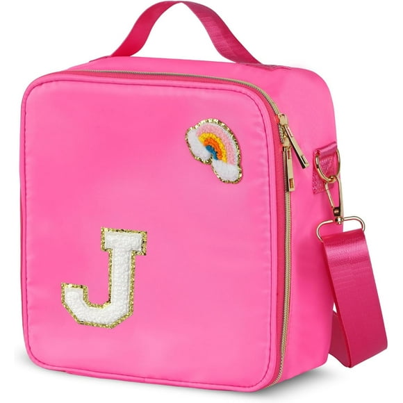 shiyou-Insulated Nylon Lunch Box for Girls, Kids, and Women-Stylish (Letter 'J'),Pink Preppy Large Lunch Bag with Adjustable Strap, Tote for School, Travel, and Picnics-Ideal Preppy Stuff Choice