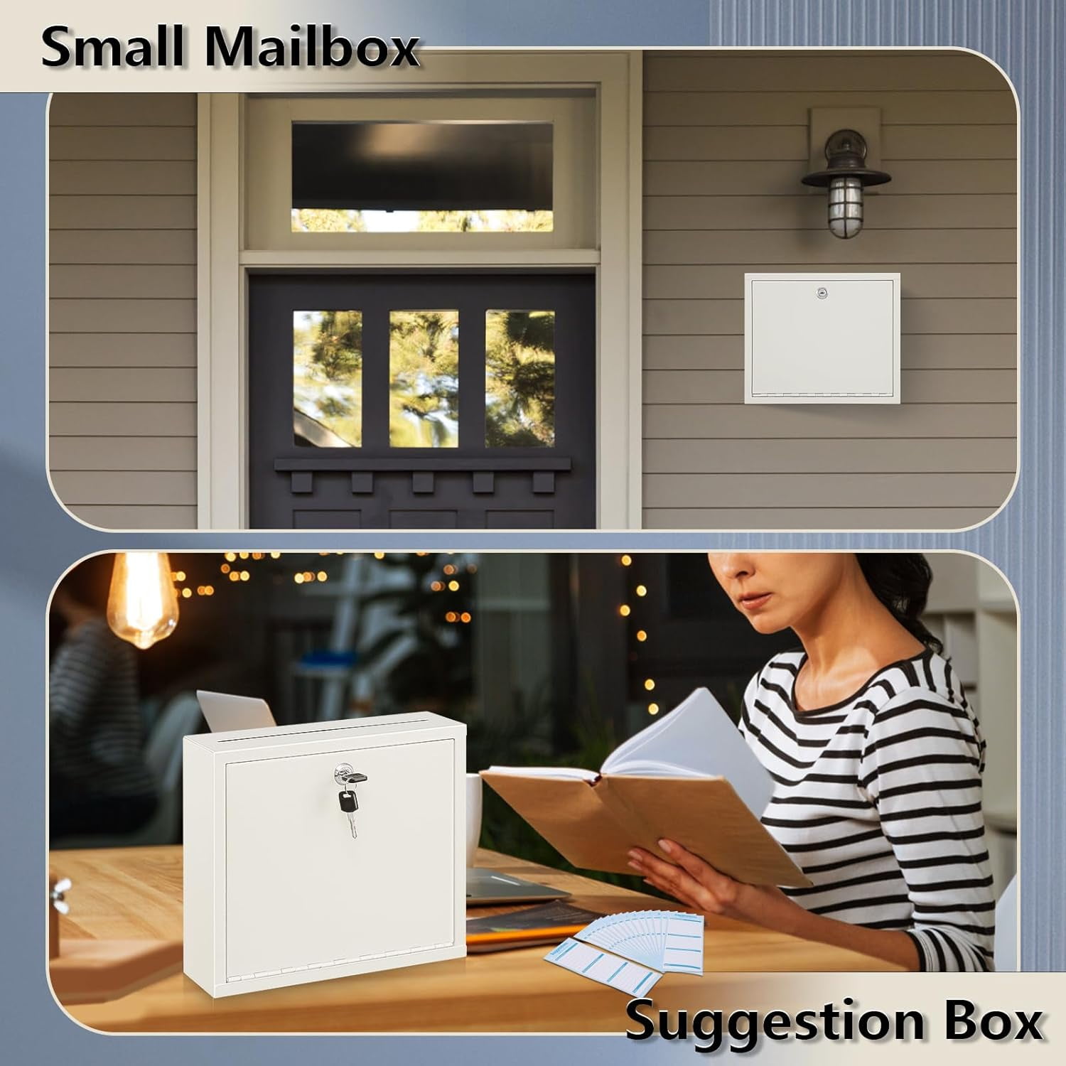 Suggestion Box with Lock and Slot, Wall Mounted Mailbox for Office, Key Drop Box with Free Suggestion Cards, Safe Lock Box, Ballot Box, Donation Box, White