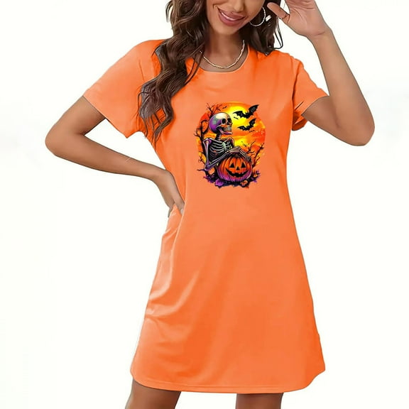 Fjofpr Womens Sleep Dress Halloween Women's Large Size Short Nightdress With Chest Print Round Neck And Short Sleeves Orange S