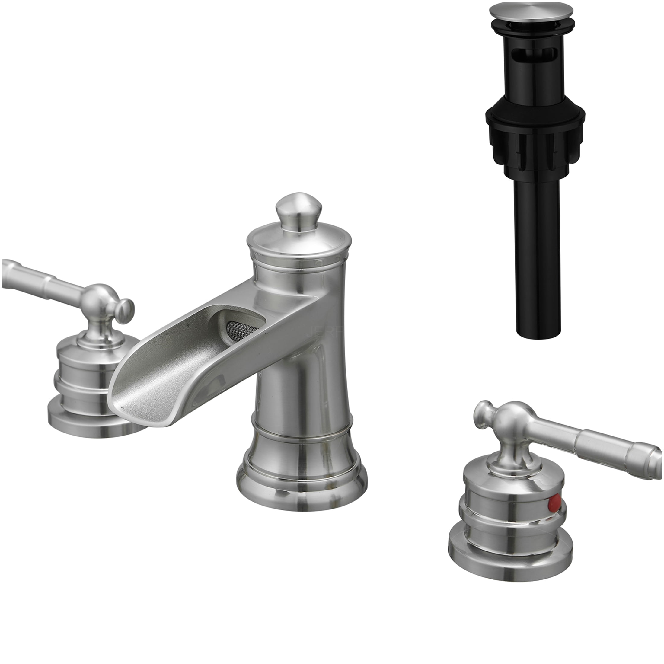 JERFIT 8 inch Widespread Bathroom Faucet with Drain Assembly, Brushed Nickel, 3-Hole Vanity Sink Faucet, Double Lever Handle, Solid Brass Construction