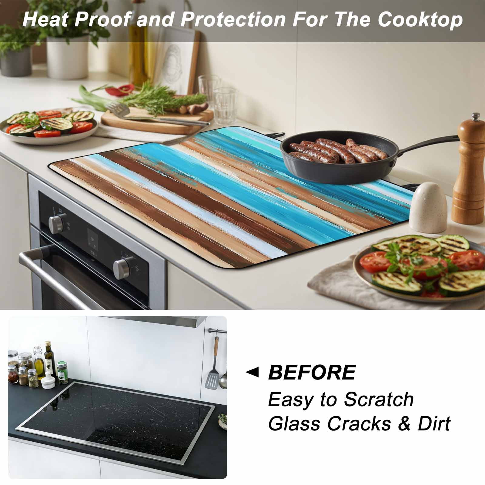 Turquoise Brown Stove Top Cover for Electric Stove, Heat-proof & Non Slip Glass Top Stove Cover Protector, Gradient Rustic Ocean Wood Grain Kitchen Flat Cooktop Rubber Mat 24x21 Inches