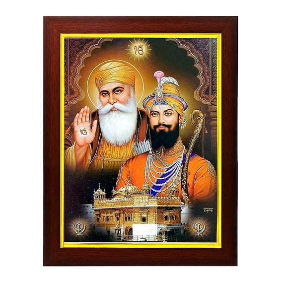 zig zag Guru Gobind Singh ji and Guru nanak dev ji with Golden Temple Photo picture Frame For Wall hanging ,Temple, pooja Room, Worship ( 24 x 34 cm , Brown Golden Border )