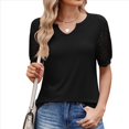 thumbnail image 1 of Camisetas Casuales de Cuello en V para Mujer, Blusas de Encaje de Corta con Dobladillo Curvo, Corte Holgado. Negro XL, 1 of 10