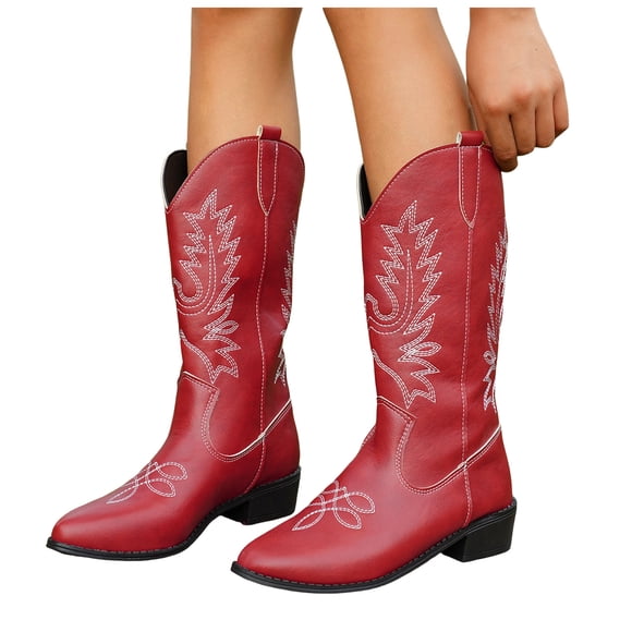 Womens Wide Calf Cowboy Boots Vintage Slouchy Leather Pointed Toe Western Knee High Cow Girls Tall Boots Red Size 8