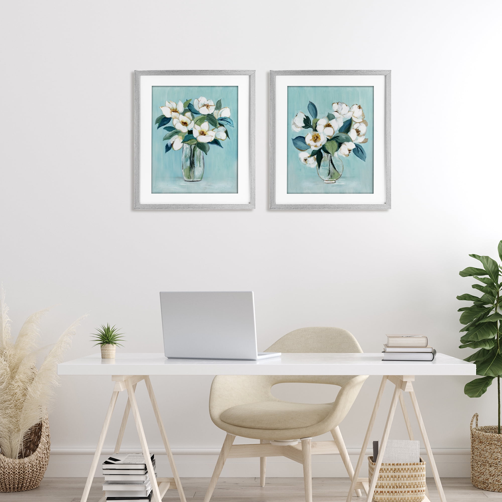 Stupell Industries Magnolia Blossom Vases 2 Piece Gray Framed Print Under Glass Set, design by Janet Tava