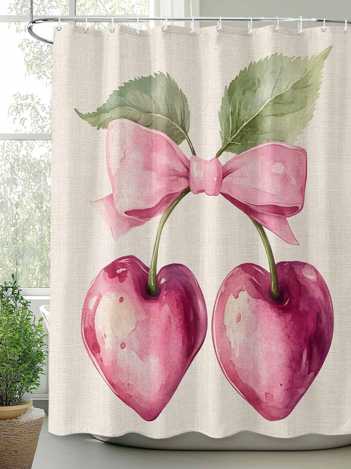 Cherry Fruit Extra Long Shower Curtain Set, Waterproof Shower Curtains for Bathroom, Spring Botanicals Bow Idyllic Country Leaf Washable Fabric Cloth Bath Curtain for Bathtub with Hooks 72x96 Inches