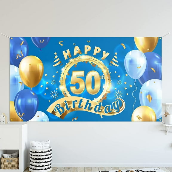 Happy 50th Birthday Backdrop Banner Decor Blue Cheers to 50 Years Old Party Theme Decorations for Men Women Supplies