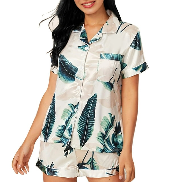 Conjunto de pijama de manga corta para mujer, cuello vuelto, hermoso estampado, dos piezas, top y pantalones cortos, ropa de dormir, color blanco plátano M