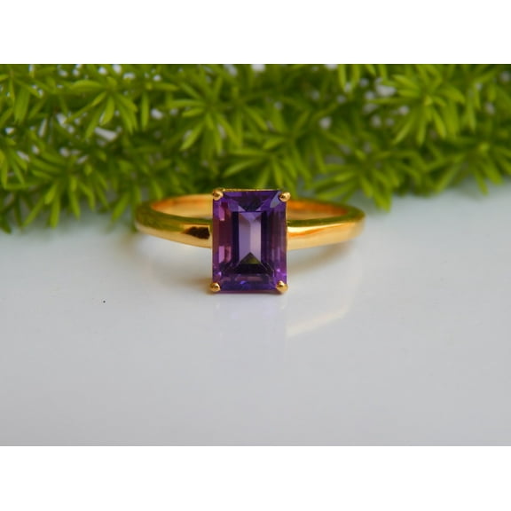 ArtPalacebyMitika Natural Amethyst, 925 Sterling Silver, 18k Yellow Gold Plated Ring With Emerald Cut Womens Anniversary Ring