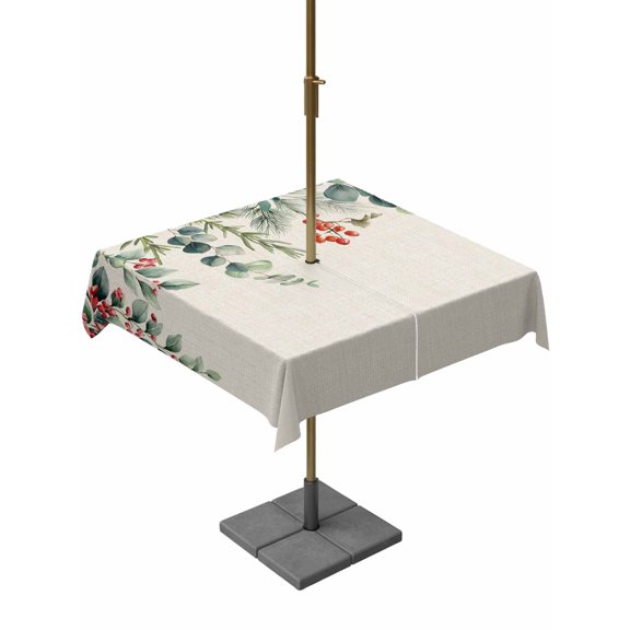 Outdoor Tablecloth with Umbrella Hole and Zipper, Christmas Eucalyptus Leaves Square Table Cloth 60x60 Inch Waterproof Tablecloth, Winter Pine Fruit Xmas Berry Picnic Table Cover for Patio Camping