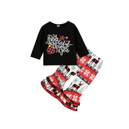 

2Pcs Christmas Toddler Baby Girls Clothes Set Letter Crew Neck Long Sleeves Tops + Bell Bottoms