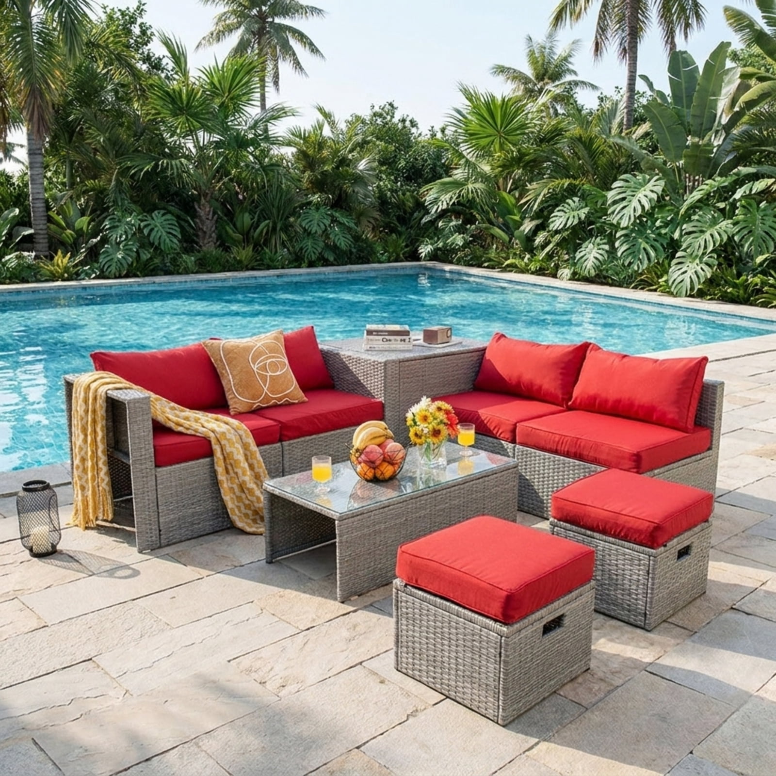 Furnibear 8 Piece Patio Rattan Furniture Set Outdoor Wicker Sectional Conversation Set with Storage Waterproof Cover Cushions and Glass Table, Red