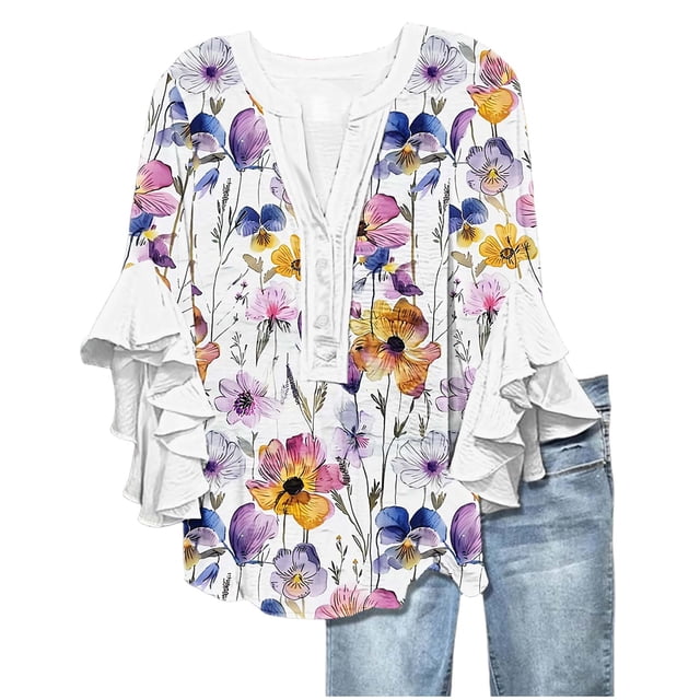 Womens Tops 3/4 Length Sleeves Floral Shirts Flowy Ruffle Sleeve Tops Summer Half Button Down V Neck Blouse