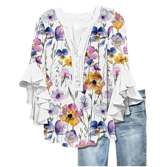 GERsome Womens 3/4 Ruffle Sleeve T-Shirts Button Down V Neck Summer Tunic Tops Casual Loose Fit Floral Print Work Business Blouses, Sizes S-2XL