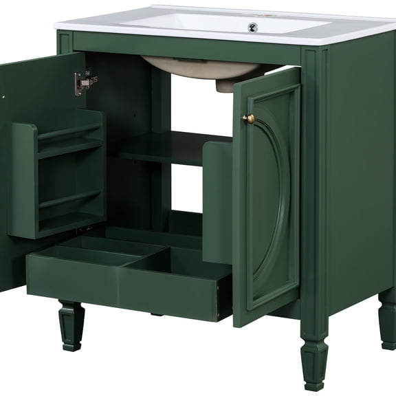 30-Inch Freestanding Green Vanity with Ceramic Sink and Adjustable Shelf for Bathroom Storage