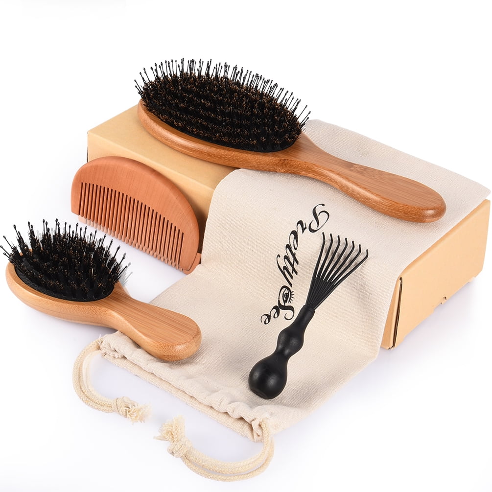 Hair Brush for Women Men Kid,Boar Bristle Paddle Hairbrush and Comb Set  Bamboo Hair Brush for Straight, Curly, Short, Long Hair, Adds Shine and  Improves Hair Texture, Hair Brush Cleaner Tool Included -