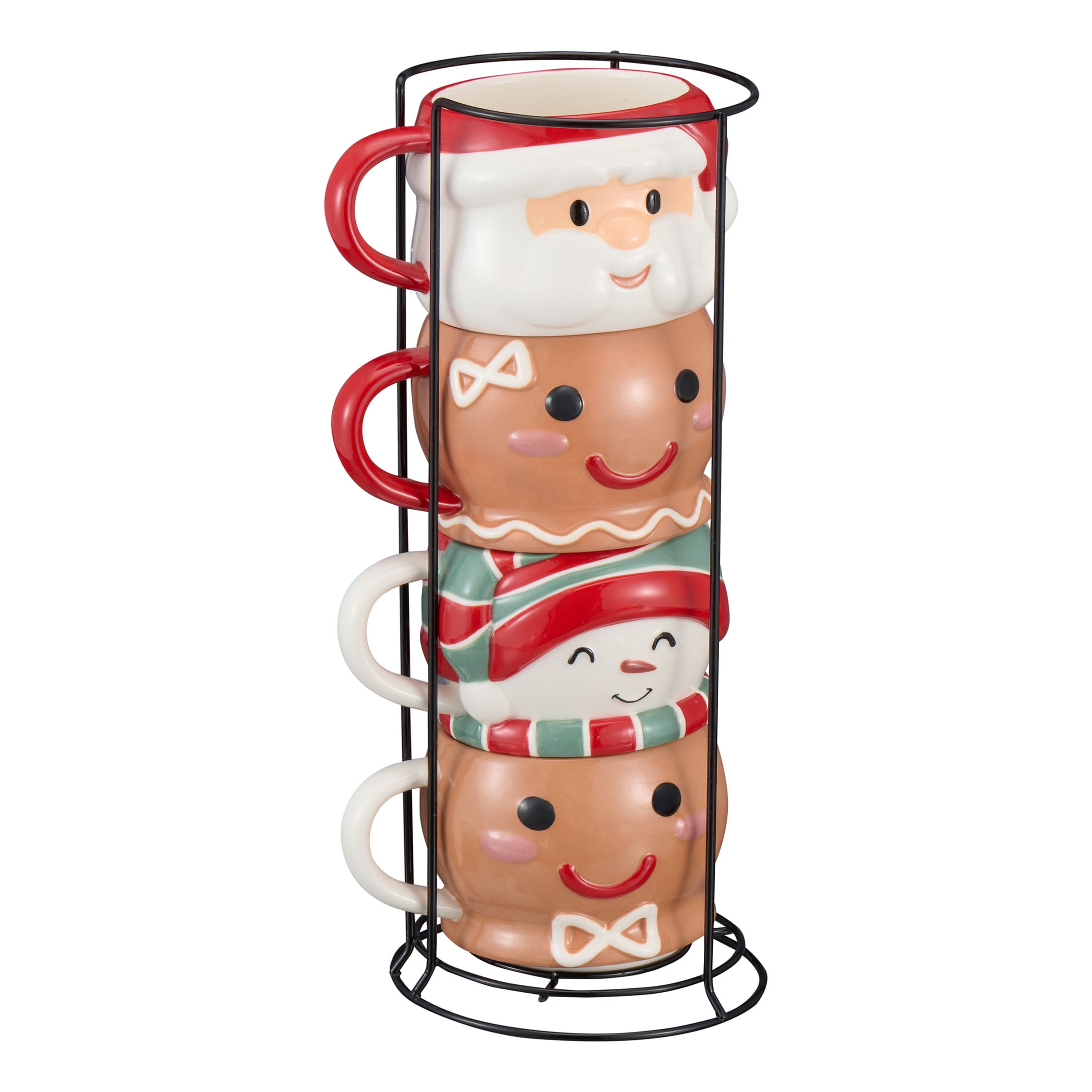 (2 pack) Holiday Time 12oz Holiday Characters Glazed Stoneware Ceramic Stacking Mug Set with Metal Rack