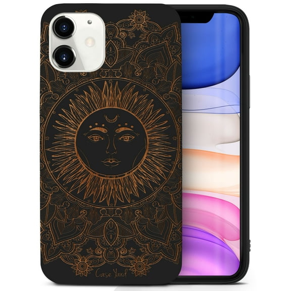 Case Yard Wooden Case for iPhone-12-Mini Soft TPU Silicone cover Slim Fit Shockproof Wood Protective Phone Cover for Girls Boys Men and Women Supports Wireless Charging Sun Mandala Design