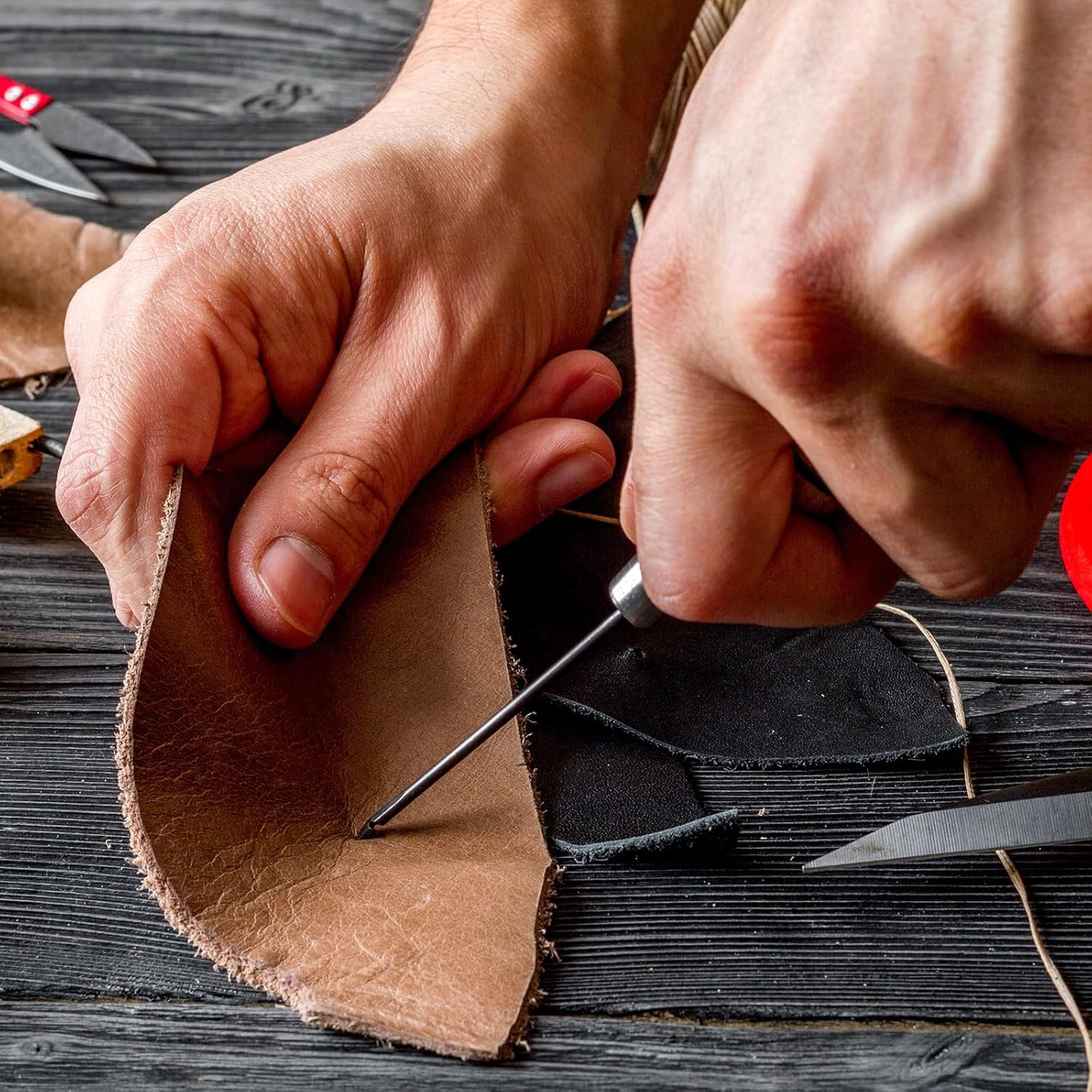 ABPETE Handwork Sewing Awl Set 3-5mm Rhombus Curved Taper Stitch Leather Punch Hole Kit Tool with Wooden Handle Scratch for Leather Craft Drilling Stitching Repair and DIY Handmade, Black
