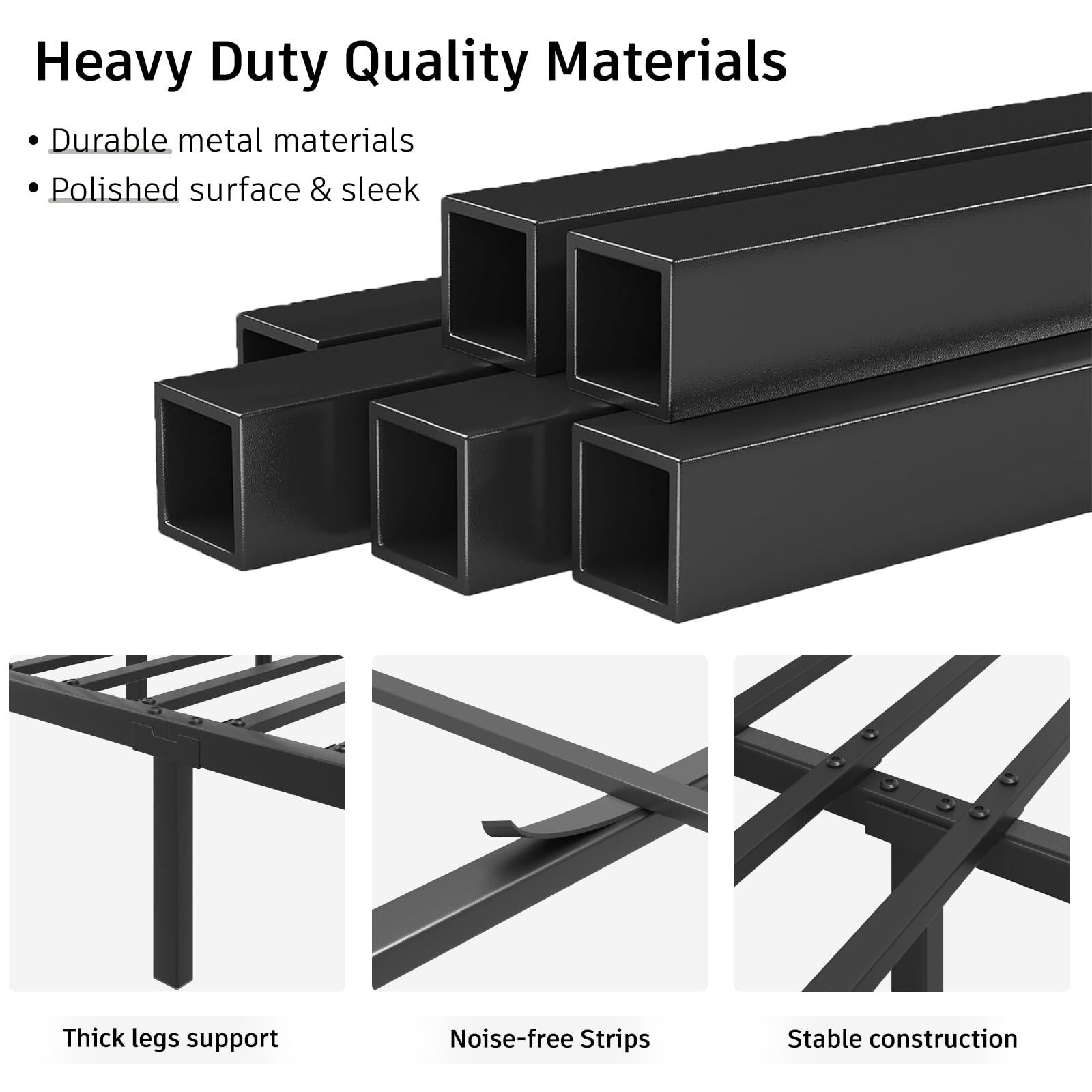Queen Size Bed Frame with Storage Headboard, Metal Platform Bed with LED Lights & Charging Station, Heavy Duty Metal Slats, Black