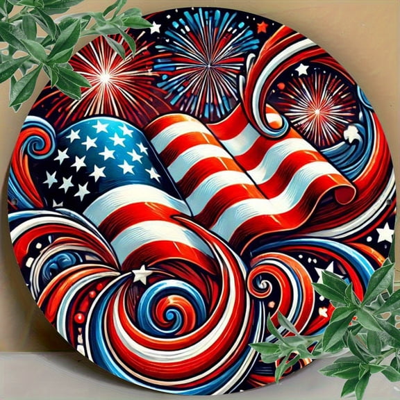 Patriotic American Flag with Fireworks Round Aluminum Sign - Red White Blue Swirl Wall Decor, 1pc, 8" Wall Art Metal Sign, For Kitchen, Porch, Garden, Cafe, Bedroom, Room, Home, Ideal Gifts, Weather