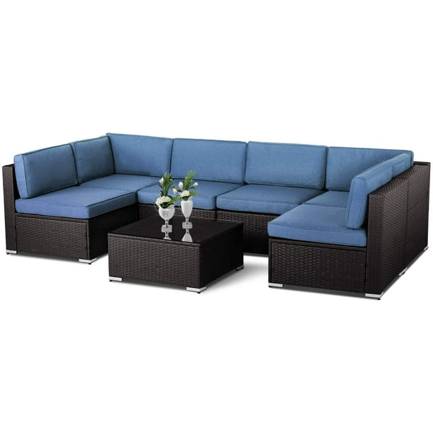 Suncrown Outdoor Patio Furniture 7 Piece Sofa Set Black Brown Wicker Washable Seat Cushions With Ykk Zippers And Modern Glass Coffee Table Denim Blue Cushion Walmart Com Walmart Com