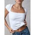 thumbnail image 3 of Cenuakty Women's Summer Slim Crop Tops Short Sleeve Lace Trim Square Neck Short T-shirt Tops, 3 of 7