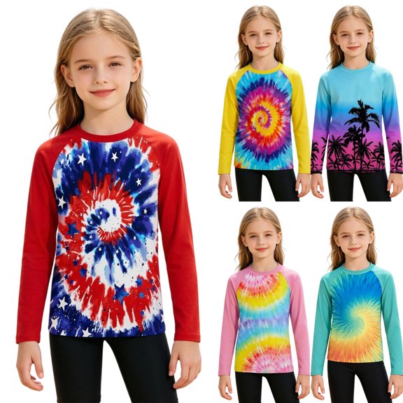 LRen Girls Rash Guard Top Tie Dye Raglan Sleeves, Soft Stretch Toddler Rash Guard Girl Swim Shirt for Water Park And Vacation Trips,3-4 Years