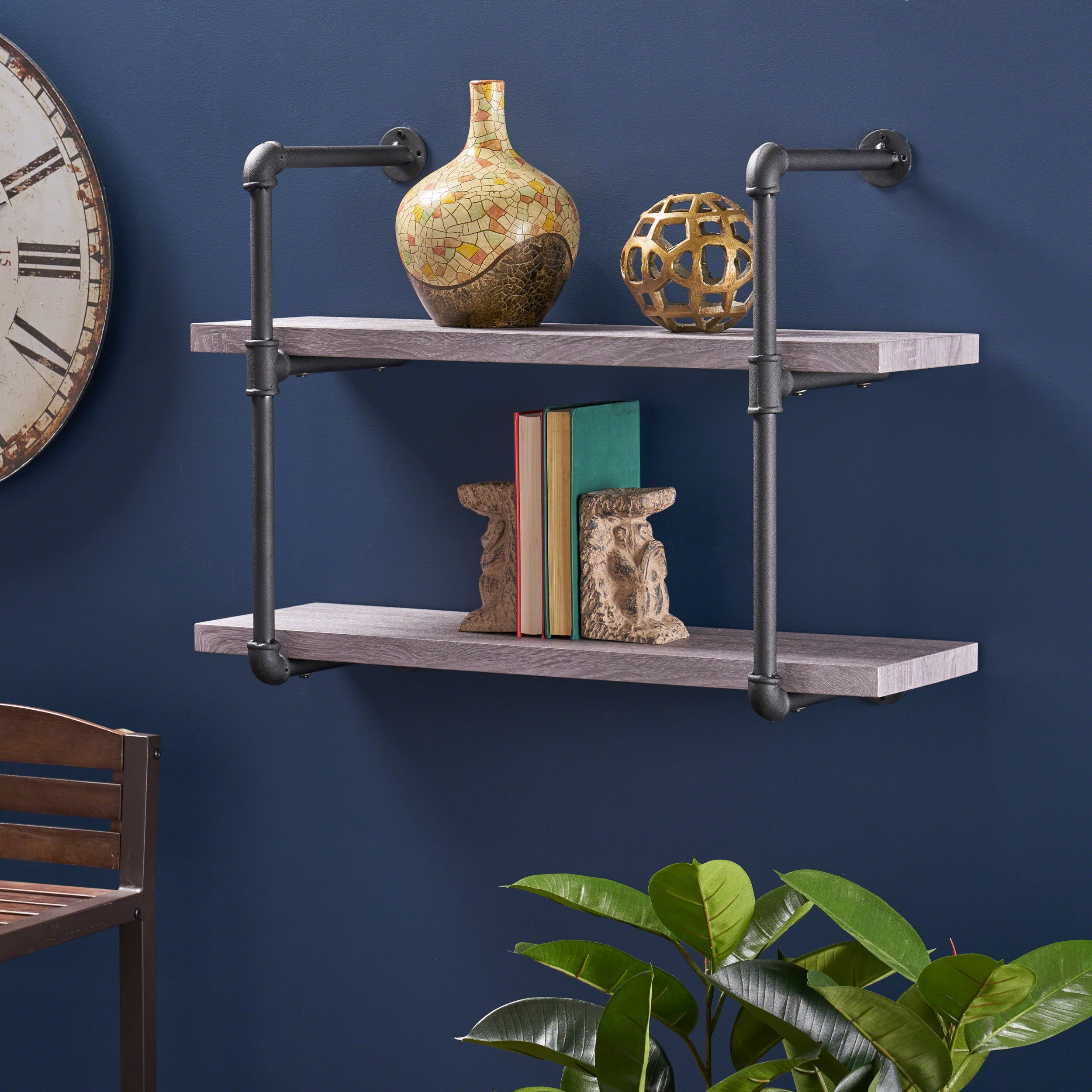 Noble House Maddux Industrial 2 Shelf Faux Wood Floating Shelf, Light