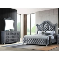 Luxurious Beautiful King Size 3pc Bed Dresser Mirror Set Tufted Gray