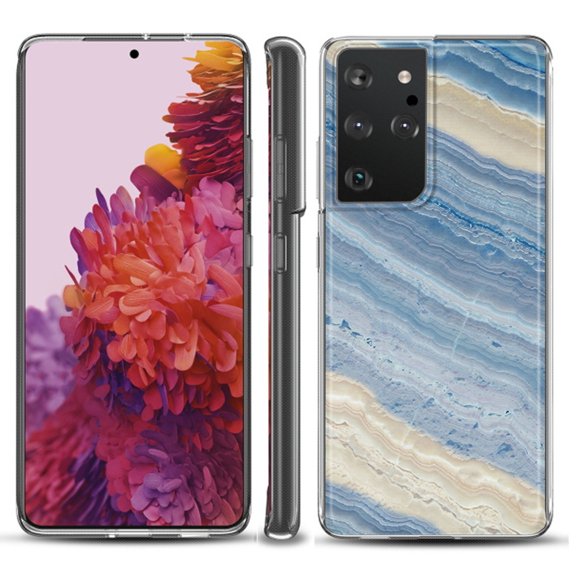 Slim-Fit Lightweight Protective Phone Case compatible with Samsung Galaxy S21 ULTRA 5G, by OneToughShield ® - Marble/ Marina Blue