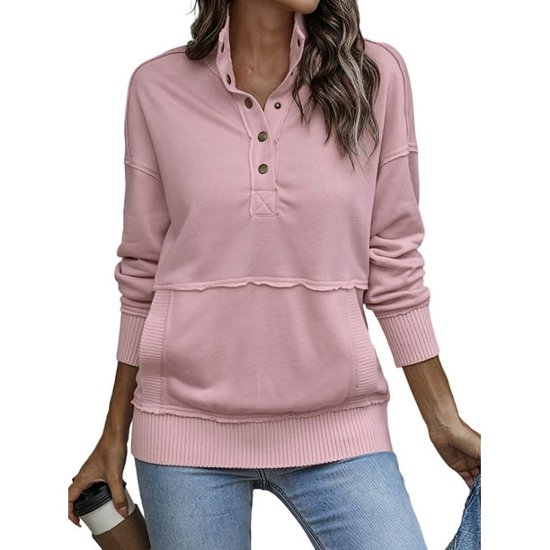 Fashnice Ladies Sweatshirt Button Tops Long Sleeve Pullover Casual Work T  Shirt Light Brown XL